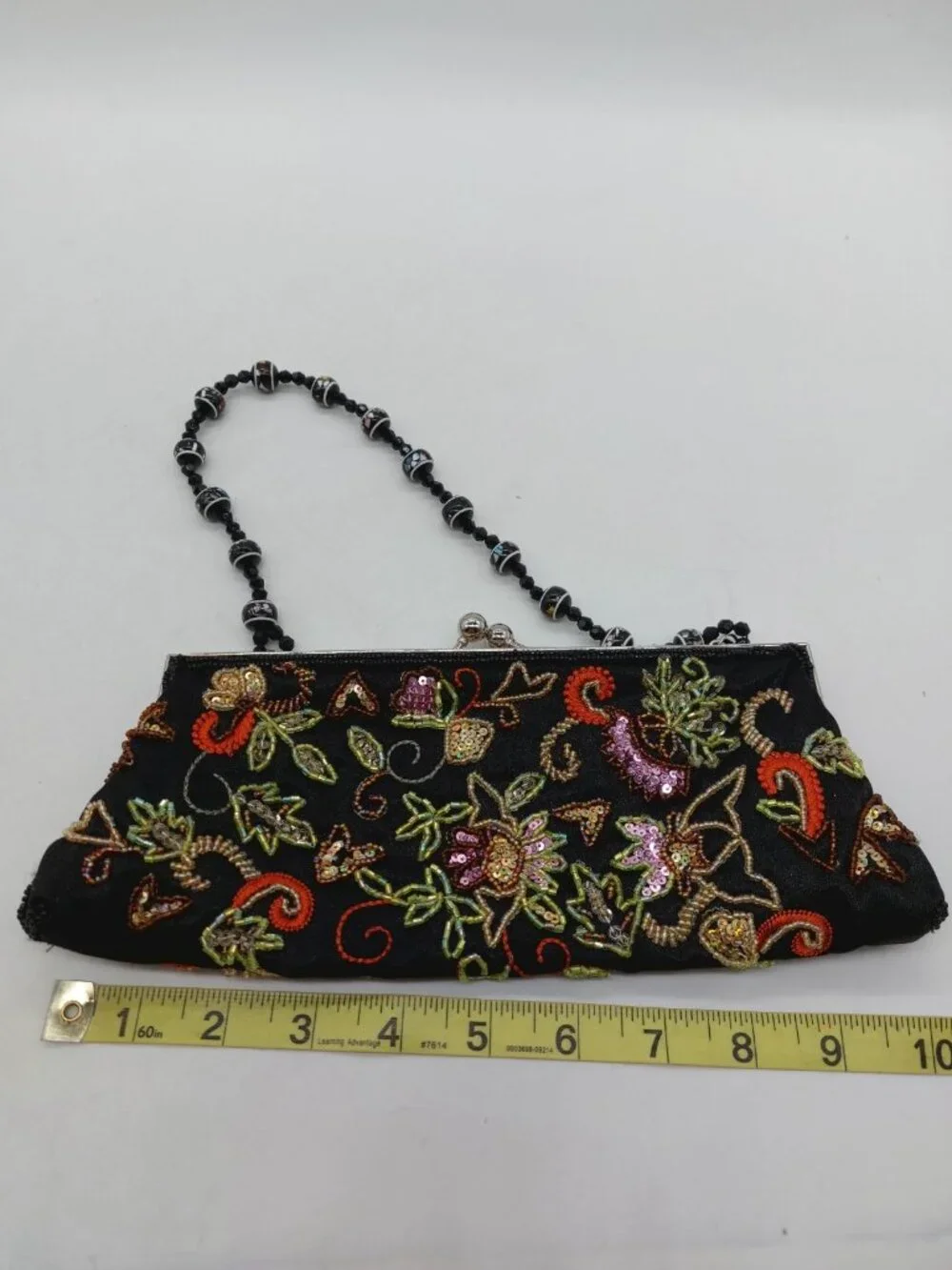 Beaded Purse Bag Handbag Kiss Clasp Black Floral Multicolor